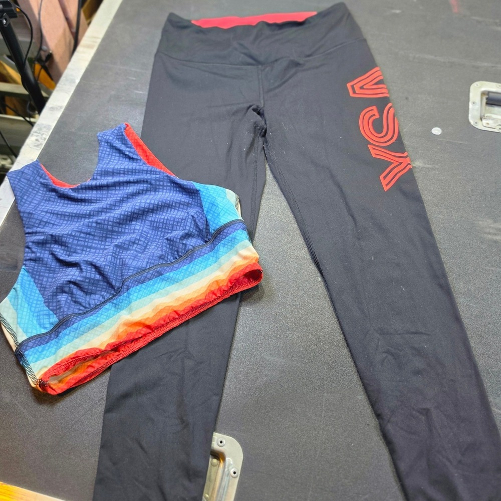 VSA Activewear Set Rainbow Striped Sports Bra and Black Leggings Size M
